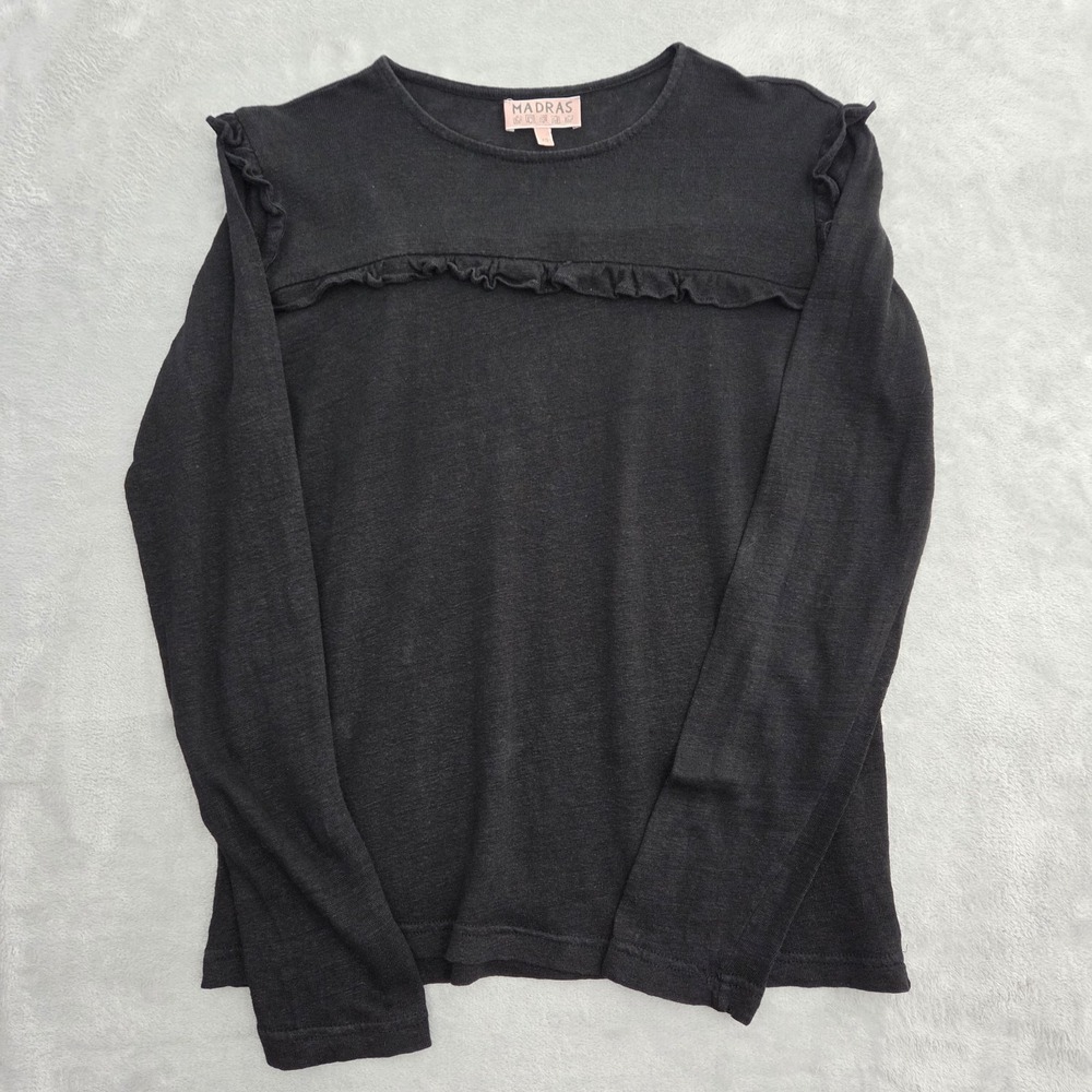 APC Madras 100% Linen Top Womens XS Ruffled Black LS Jean Touitou Jessica Ogden